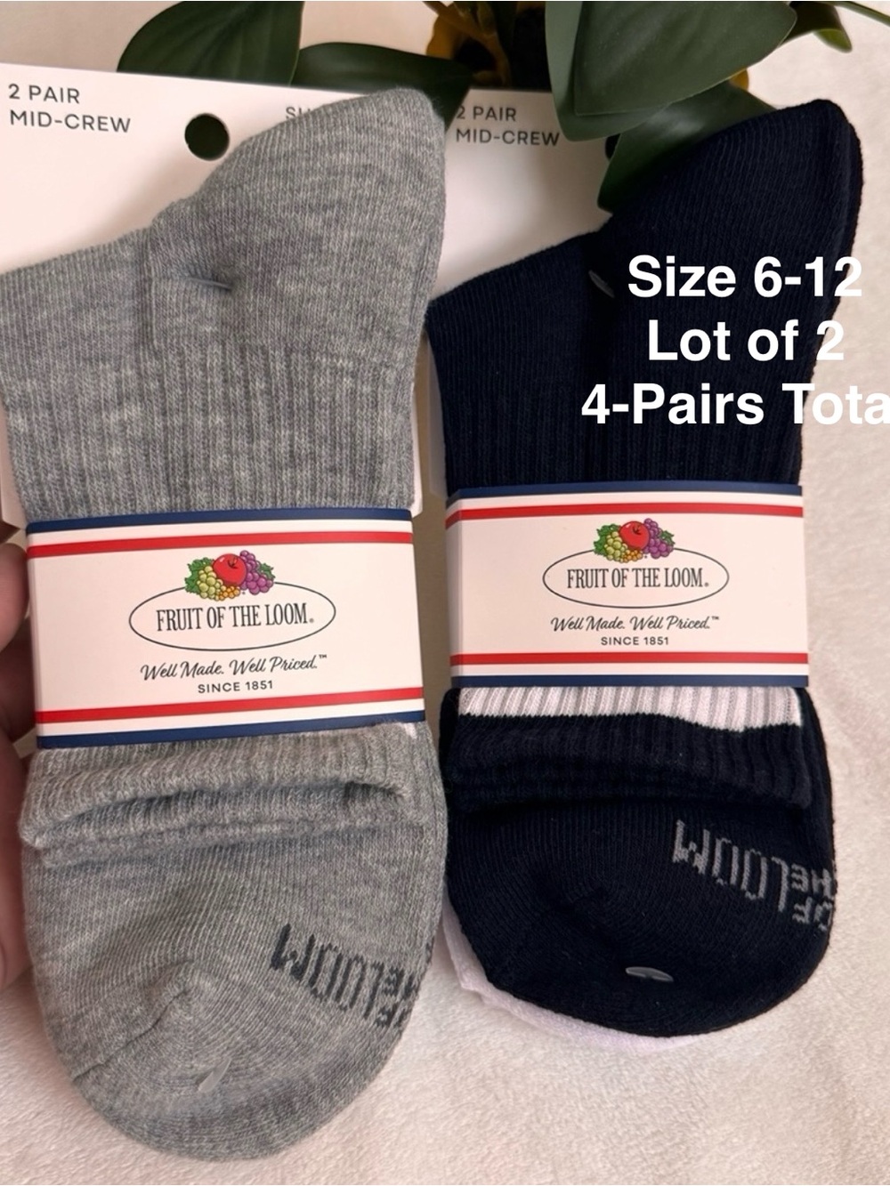 Fruit of the Loom Mens Americana Mid Crew Socks, 2-Pack,Lot of 2